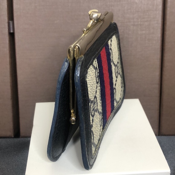 GUCCI GG Supreme Navy Blue Ophidia Sherry Line Canvas Kiss Lock Coin Purse